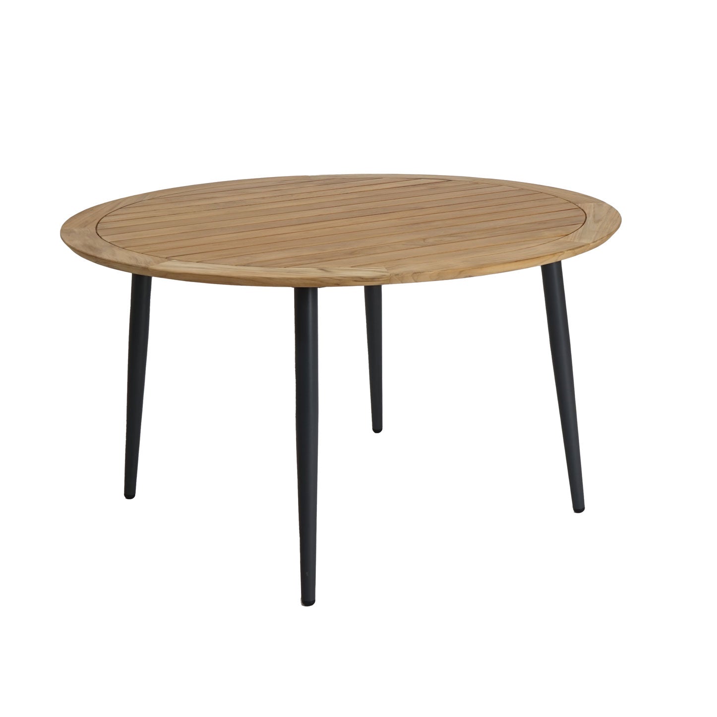 Scandic Tisch Aluminium rund mit Teakholzplatte schweizer Kante