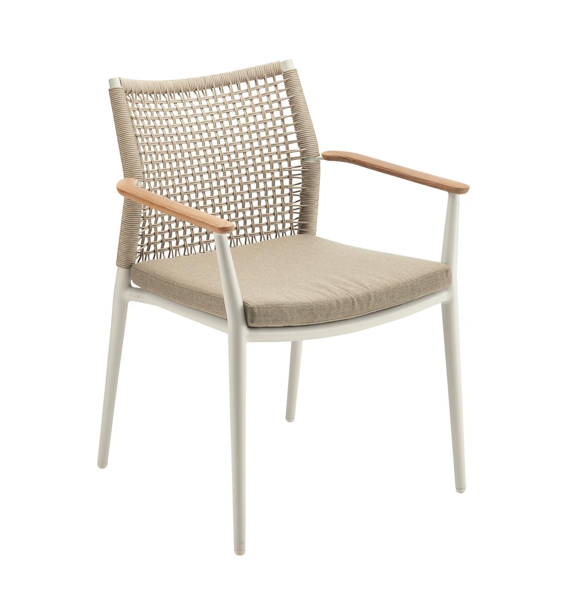 VERA Stapelsessel Alu white / Stringflex sand mit Teakarm inkl. Kissen