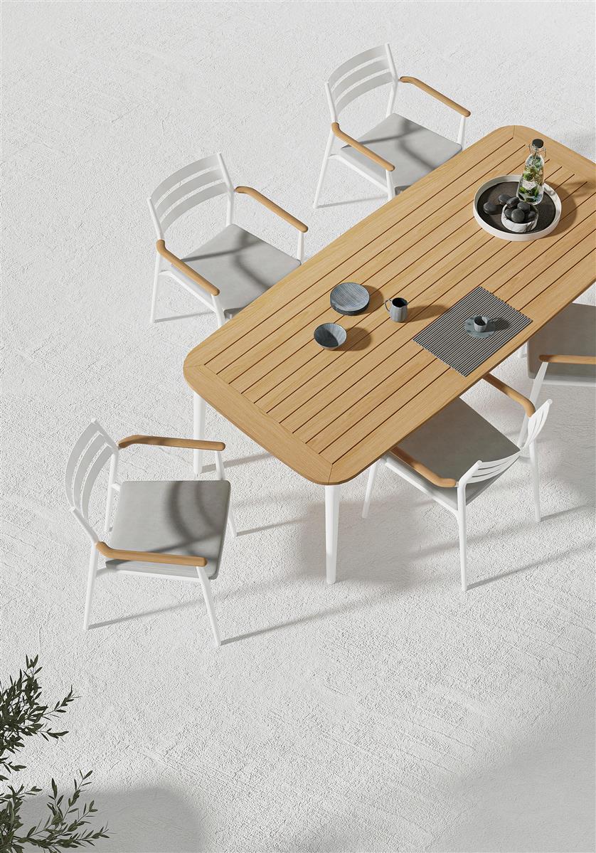 CHARLIE Esstisch Alu weiß mit Teakholzplatte 170 x 100