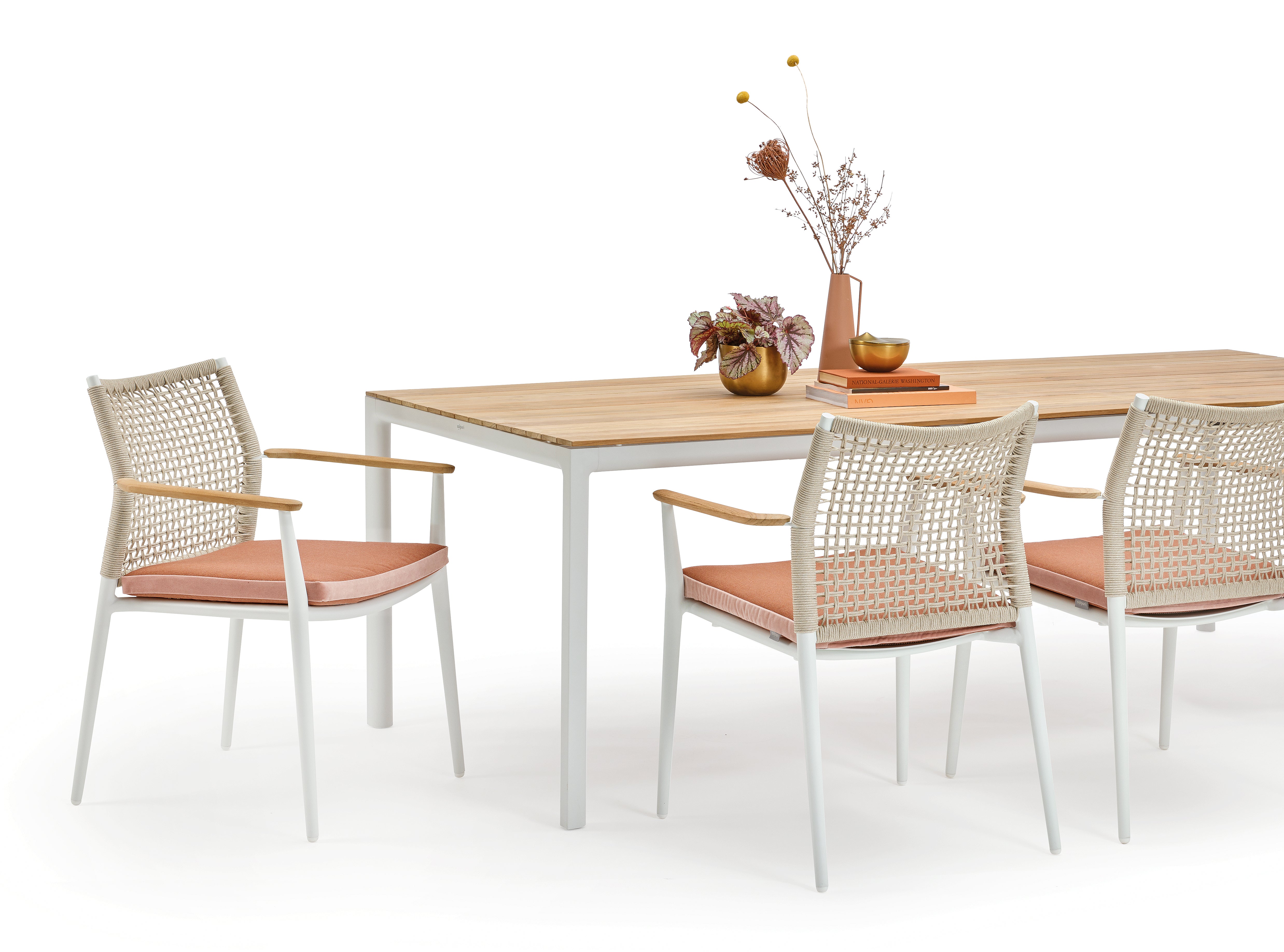 VERA Stapelsessel Alu white / Stringflex sand mit Teakarm inkl. Kissen