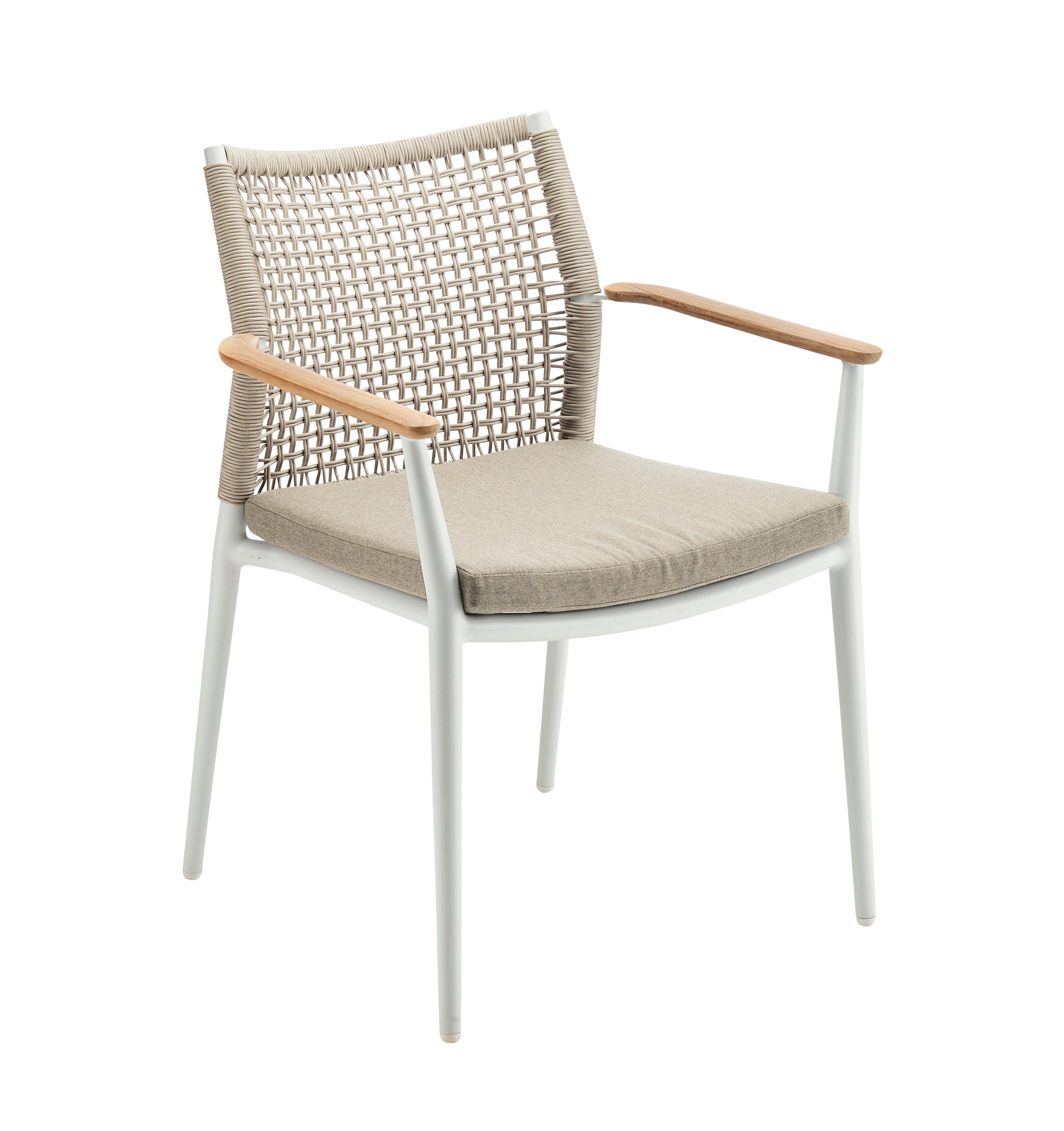 VERA Stapelsessel Alu white / Stringflex sand mit Teakarm inkl. Kissen
