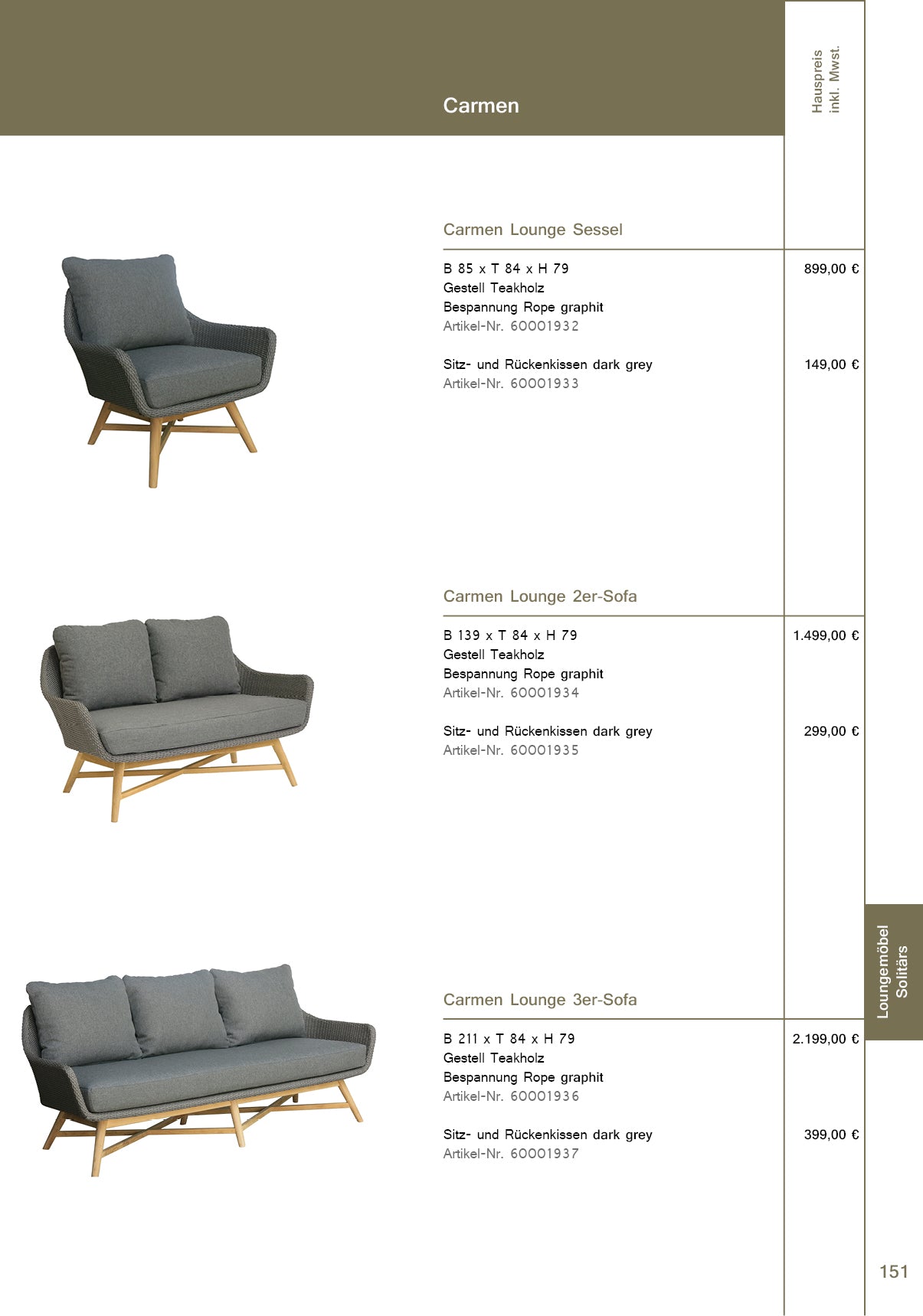 Carmen Lounge Chair Teak/Rope inkl. Kissen