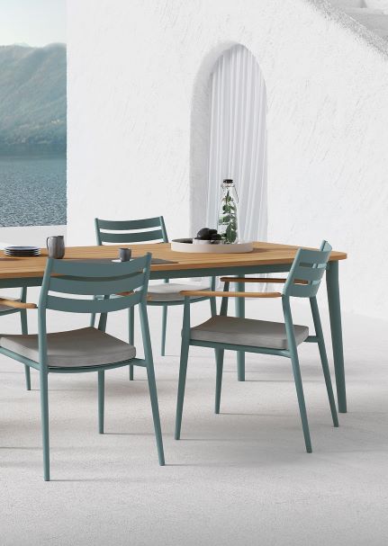 CHARLIE Esstisch Alu petrol mit Teakholzplatte 170 x 100